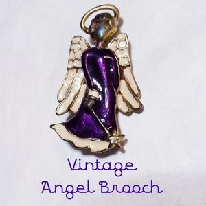 Vintage Gold Tone and Purple Enamel Angel Brooch